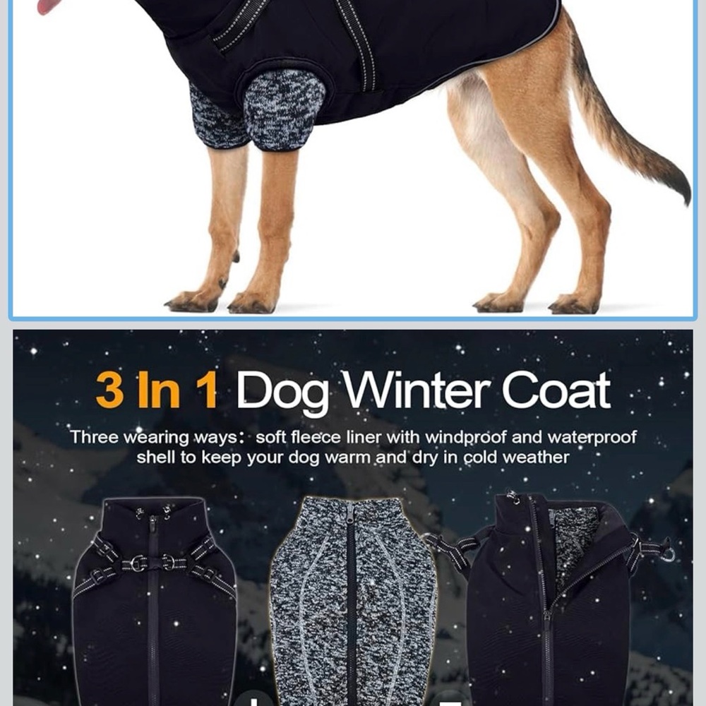 3-in-1 Black and Gray Dog Winter Coat